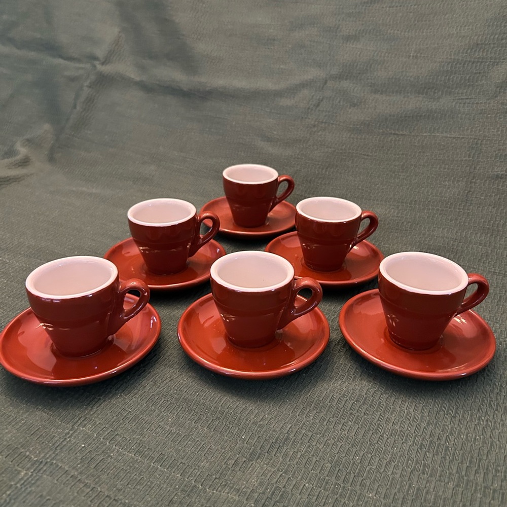Set of 6 Vintage Handmade Italian Nuova Point 5oz Espresso Cups and Saucers